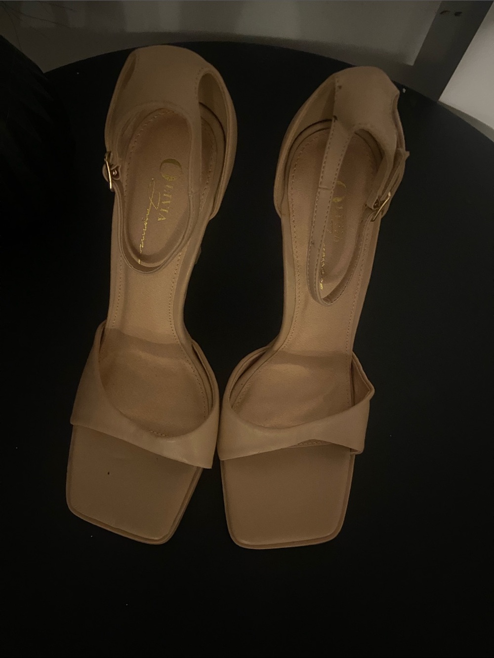 Olivia Square-Toe Ankle-Strap Heels in Nude Tan